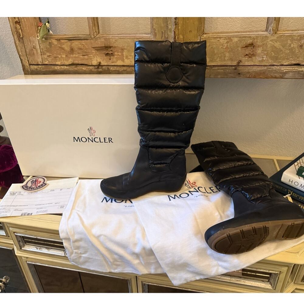 MONCLER Puffer Tall Snow Winter Boot Shoes Black Women size 8 Box + Bags